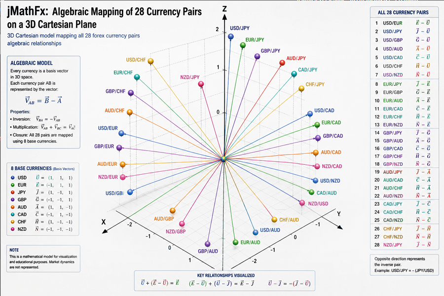 3D Cartesian model mapping all 28 forex currency pairs algebraic relationships