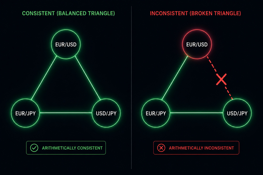 Mathematical diagram showing algebraic consistency requirement across multiple forex currency pairs in a closed system