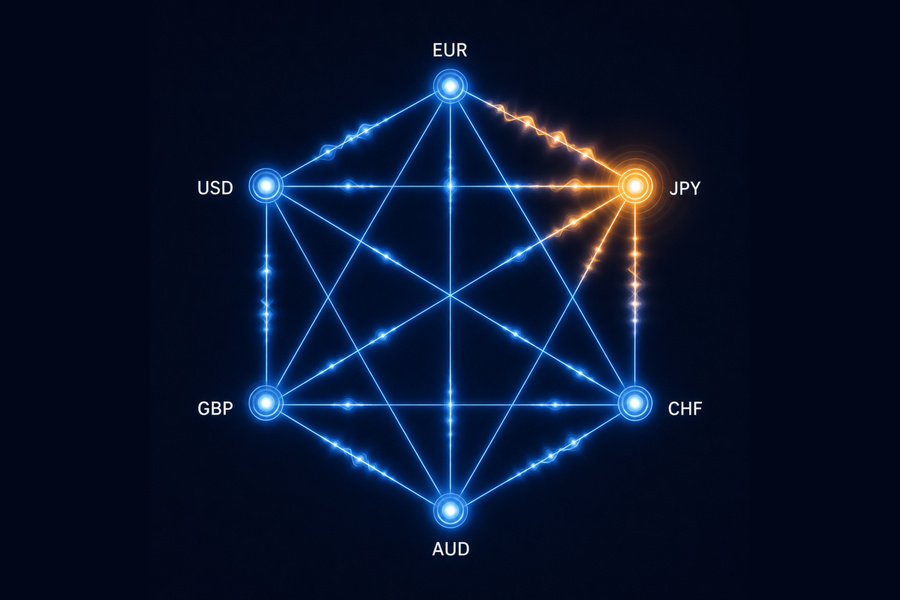 Structural diagram showing algebraic risk propagation across 28 currency pairs in a closed forex system