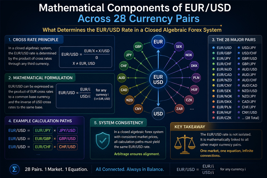 Mathematical components of EUR/USD exchange rate across 28 currency pairs