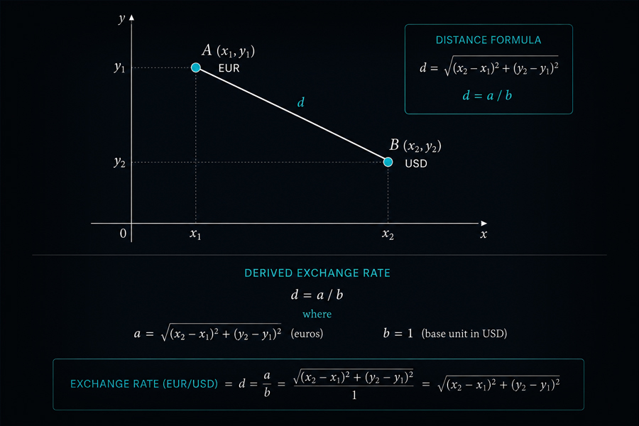 Mathematical diagram showing two currency coordinate positions on a Cartesian plane with the exchange rate derived as geometric distance
