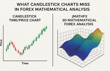 Candlestick time/price chart compared to jMathFx 3D mathematical forex analysis