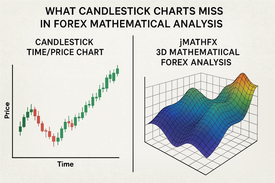 Candlestick time/price chart compared to jMathFx 3D mathematical forex analysis