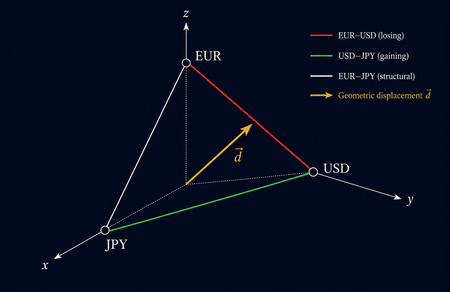 Cartesian model showing geometric displacement affecting multiple currency pairs simultaneously and the algebraic offset relationship