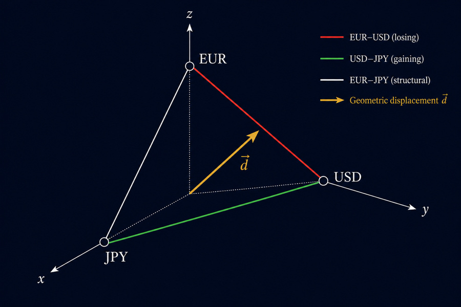 Cartesian model showing geometric displacement affecting multiple currency pairs simultaneously and the algebraic offset relationship