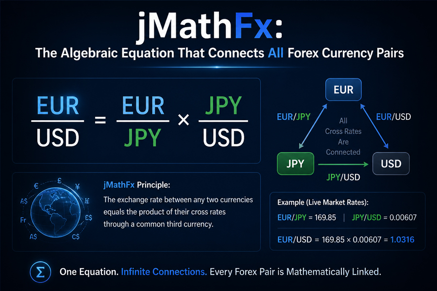 Mathematical equation linking EUR USD JPY forex exchange rates algebraically
