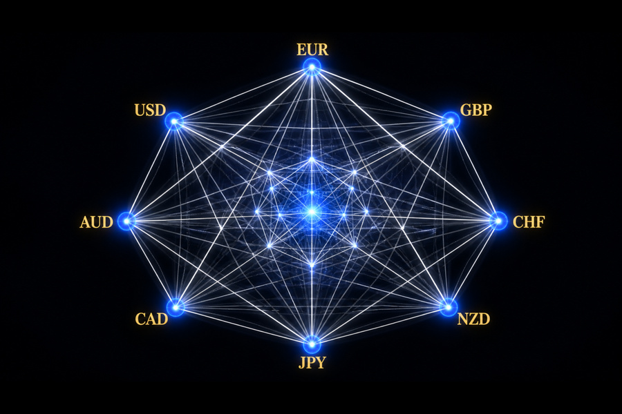 Complete forex system visualization on jMathFx Cartesian model showing all 28 pairs as one algebraic structure on a single screen