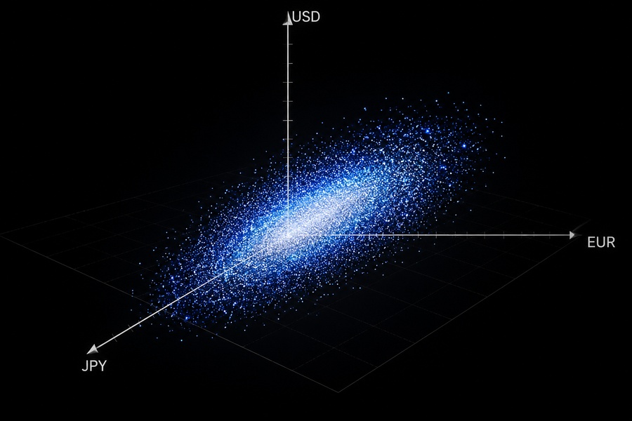 Multidimensional Price Cloud chart showing currency distribution on a Cartesian plane