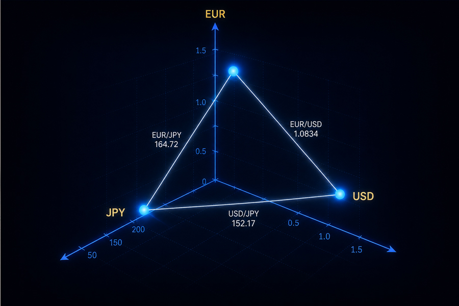 Cartesian coordinate system showing currency positions and geometric distances as exchange rates in three-dimensional forex space