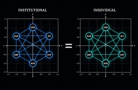 Split view showing institutional multi-currency desk framework alongside jMathFx Cartesian model for individual traders