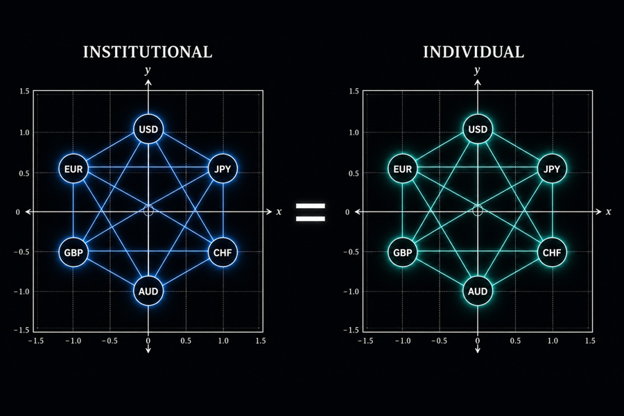 Split view showing institutional multi-currency desk framework alongside jMathFx Cartesian model for individual traders