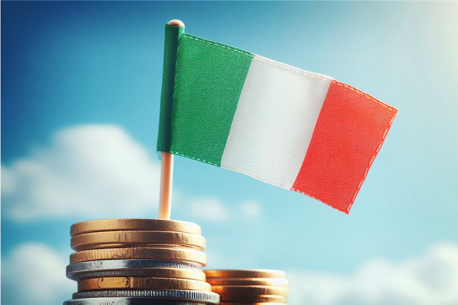 Italian flag on top of a stack of coins