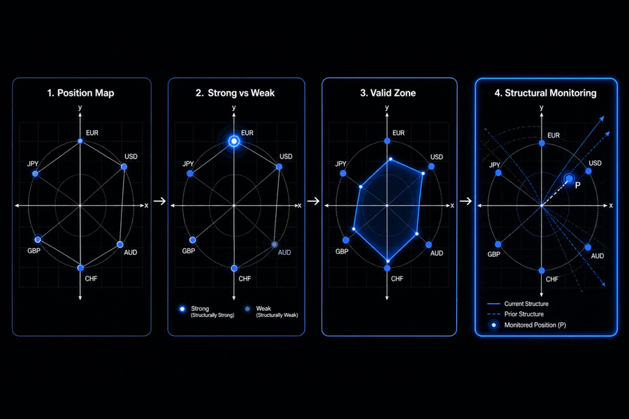 Step-by-step view of jMathFx workflow from Cartesian model structural reading to algebraic position management in forex