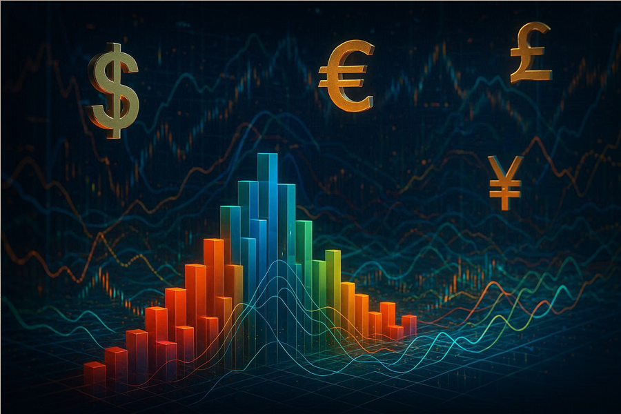 Currency multidimensionality concept mapping eight major forex currencies across 28 pairs