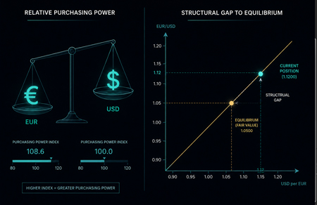 Graph showing purchasing power parity equilibrium level against actual exchange rate position in a Cartesian forex model