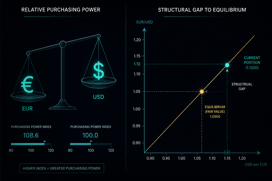 Graph showing purchasing power parity equilibrium level against actual exchange rate position in a Cartesian forex model