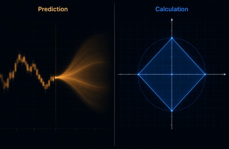 Side-by-side comparison showing probabilistic prediction chart versus algebraic calculation model for forex market analysis