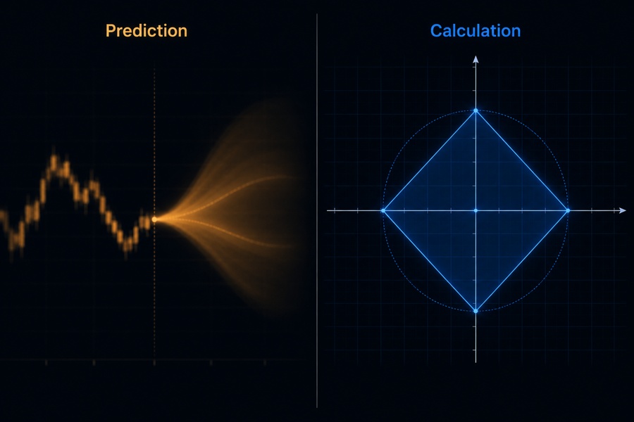 Side-by-side comparison showing probabilistic prediction chart versus algebraic calculation model for forex market analysis