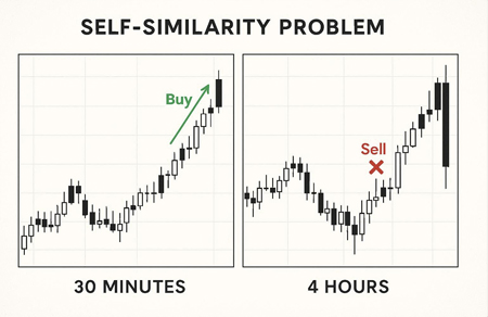 Forex timeframe self-similarity problem showing conflicting signals on time/price charts