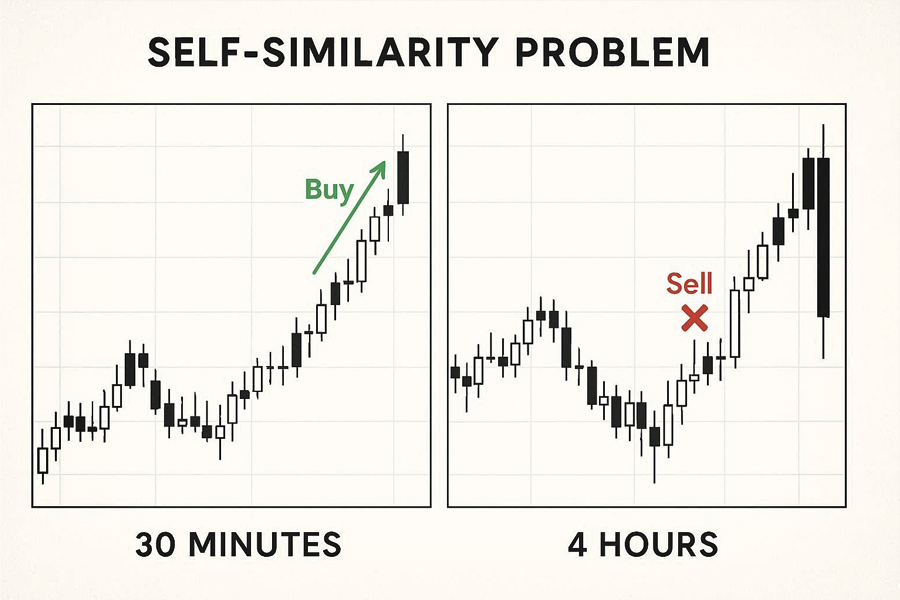 Forex timeframe self-similarity problem showing conflicting signals on time/price charts