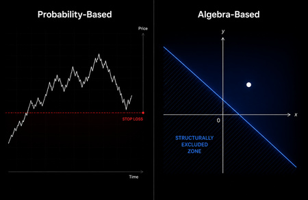Comparison diagram showing stop loss placement in time/price chart versus algebraic risk zones in jMathFx Cartesian model