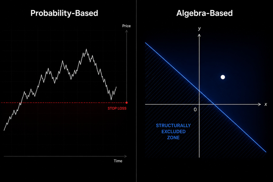 Comparison diagram showing stop loss placement in time/price chart versus algebraic risk zones in jMathFx Cartesian model