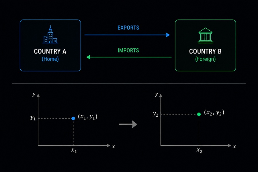 A Balance of Payments diagram showing imports/exports balancing capital inflows/outflows.