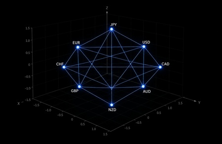 A geometric coordinate grid showing connected currency coordinates on a Cartesian plane.