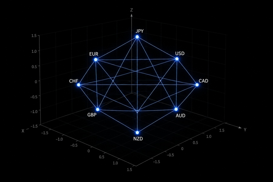 A geometric coordinate grid showing connected currency coordinates on a Cartesian plane.
