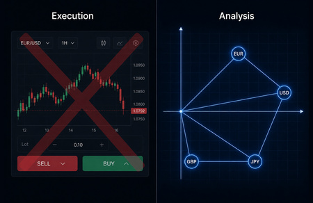 jMathFx interface showing Cartesian analytical planes with no order execution buttons, contrasting with a standard trading platform layout
