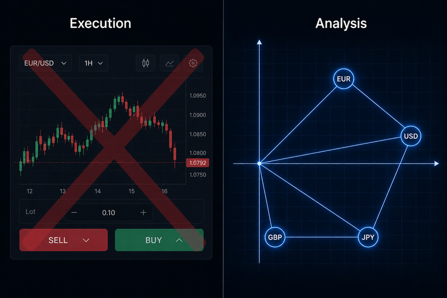 jMathFx interface showing Cartesian analytical planes with no order execution buttons, contrasting with a standard trading platform layout