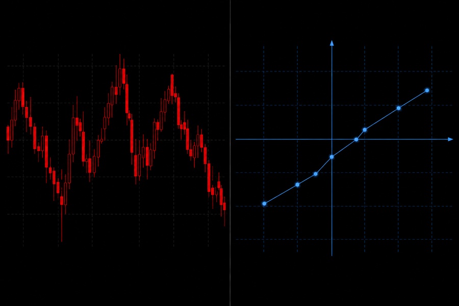 A graphic showing a comparison between subjective candlestick lines and clean Cartesian coordinates.
