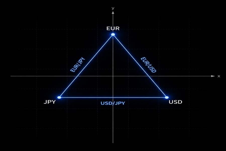 A triangle on a coordinate grid mapping the relationships of three major currencies.