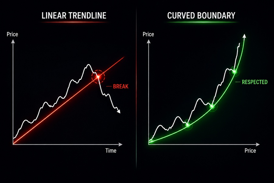 A price chart showing a trendline breakdown compared with objective coordinate boundary paths.