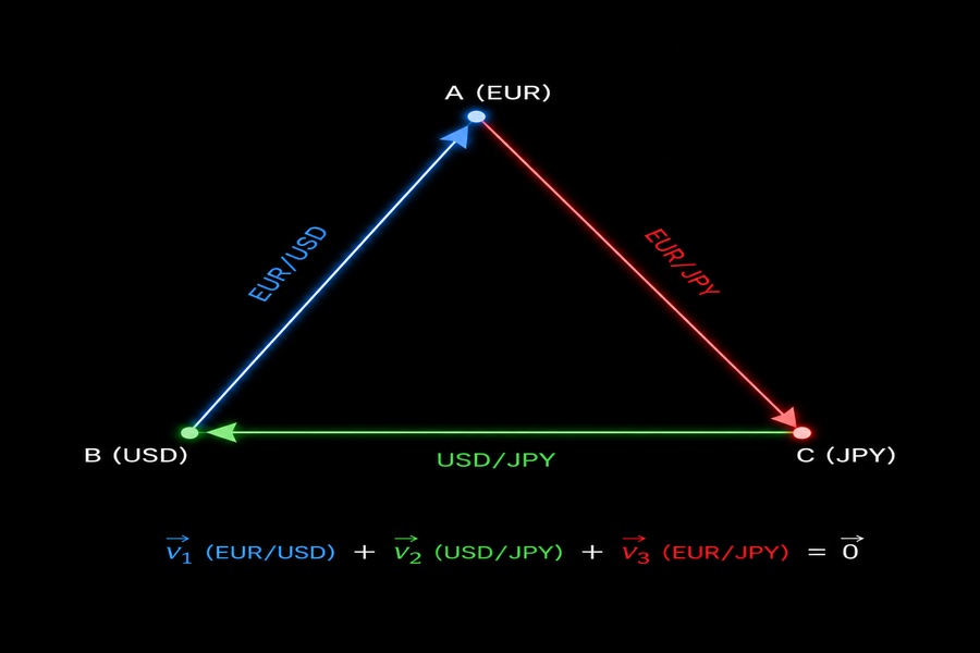 A closed loop vector diagram showing synthetic exposure neutralization across three pairs.