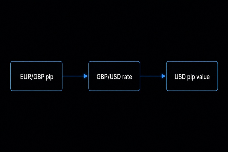 A mathematical flowchart showing quote currency conversion to account deposit currency.
